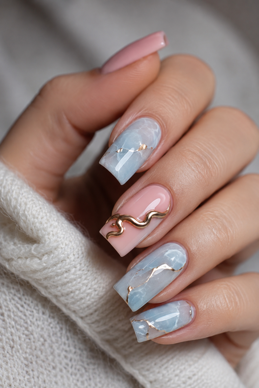 Powder Blue And Pink Marble Nails